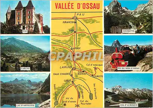 Moderne Karte Bearn Vallee d'Ossau Pau Laruns Lac d'Artouste Gourette Pic du Midi d'Ossau Col d'Aubisque Train