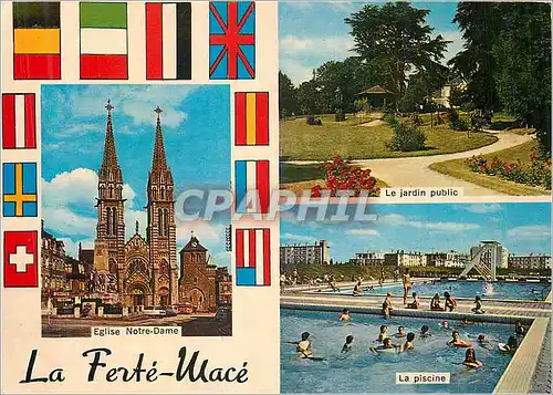 Moderne Karte La Ferte Mace (Orne) Eglise Notre Dame Le jardin public La piscine