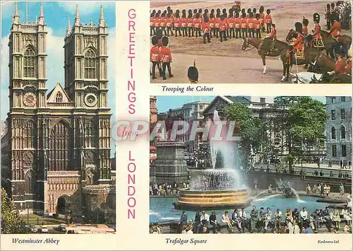 Moderne Karte Greetings from London Westminster Abbey Trooping the colour Trafalgar Square Militaria