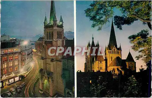 Cartes postales moderne Lausanne Ouchy St Francois le soir Le Cathedrale le soir