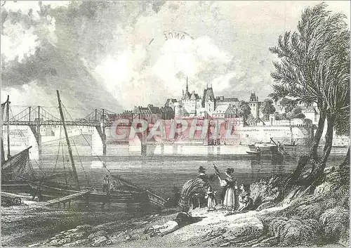 Moderne Karte Ancenis Loire Atlantique La ville et le pont suspendu vus de la rive sud de la Loire