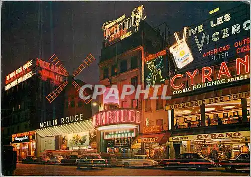 Moderne Karte Paris et ses Merveilles Montmartre la nuit le Moulin Rouge Cyrano