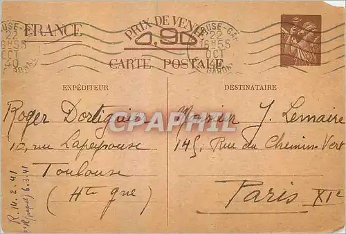 Carte Militaire Paix pour Lemaire Rue du Chemin Vert Paris