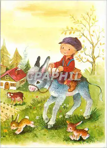 Cartes postales moderne Enfant Ane Donkey Vache Lapin
