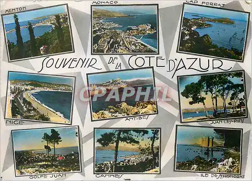 Moderne Karte Souvenir de la Cote d Azur Menton Monaco Cap Ferrat Nice Antibes Juan les Pins Golfe Juan Cannes
