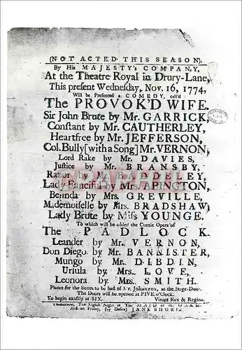 Cartes postales moderne Playbill for the performance of the Provokd Wife Victoria and Albert Museum Enthoven Collection
