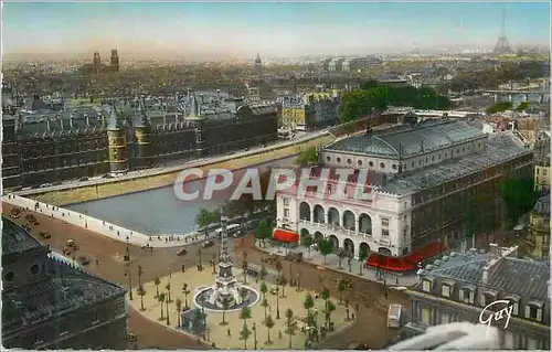 Moderne Karte Paris et ses Merveilles Panorama sur la Place du Chatelet et le Palais de Justice Tour Eiffel