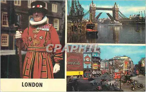 Cartes postales moderne London A Beefeater Tower of London Tower Bridge Piccadilly Circus