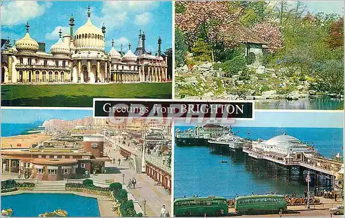 Moderne Karte Greetings from Brighton The Royal Parilion The Rochery Preston Park The palace Pier The Boating