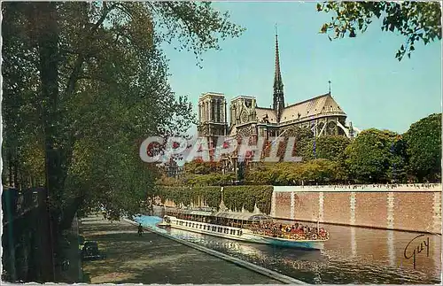 Moderne Karte Paris Quai de la Seine et abside de la cathedrale Notre Dame  Bateau Peniche