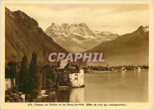 Moderne Karte Chateau de Chillon et les Dents du Midi (Effet de nuit par Tranparence)