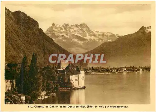 Moderne Karte Chateau de Chillon et les Dents du Midi (Effet de Nuit par Tranparence)