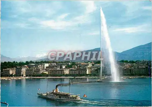 Cartes postales moderne Geneve le Jet d'Eau (120m) et le Mont Blanc (4810m) Bateau