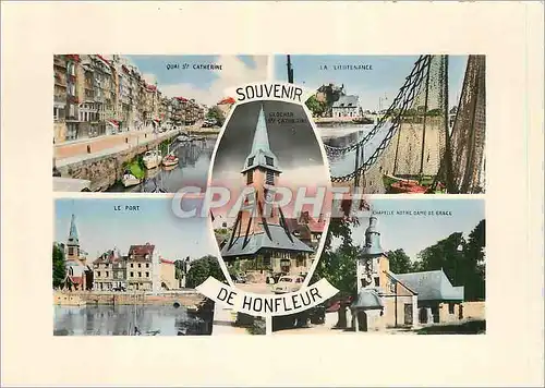 Moderne Karte Souvenir de Honfleur Quai Ste Catherine La Lieutenance Le port Chapelle Notre Dame de Grace