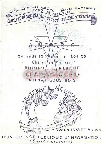 Moderne Karte Conference Publique d'Information Chalet du merisier Aulnay sous Bois Fraternite Mondiale