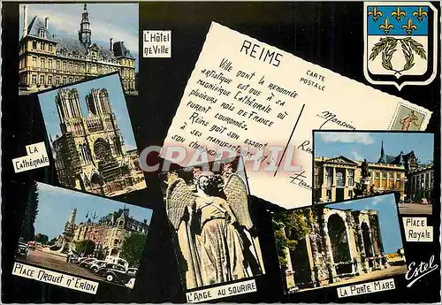 Cartes postales moderne Souvenirs de reims (marne) L'hotel de ville La cathedrale Place Drouet d'Erlon L'ange au sourire