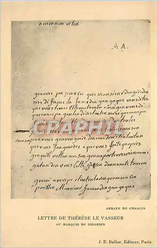 Cartes postales Lettre de therese le vasseur au marquis de girardin