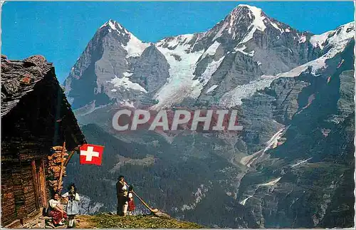 Moderne Karte Alphornblaser und Familie mit Eiger und Monch loueur du cor des Alpes et sa familie l Eiger et l