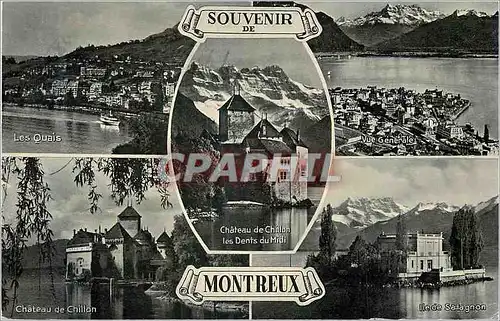 Moderne Karte Souvenir de Montreux Les Quais Vue generale Chateau de Chillon les Dents du Midi Ile de Salagnon