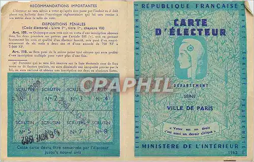 Cartes postales Republique Francais Carte d Electeur Departement Seine Ville de Paris Paulette Marcelle Jeannot