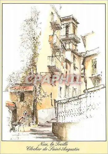 Moderne Karte Nice la Treille Clocher de Saint Augustin Dessin d'apres nature par M Perreard Eze Village
