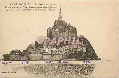 Cartes postales Le Mont St Michel Les Remparts conte Est De gauche a droite Tour Beatrix Basse Boucle Bastion de