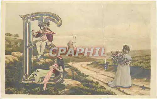 Cartes postales Enfants Lettre E Moulin