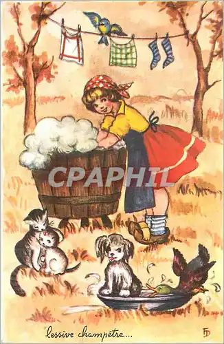 Cartes postales moderne Lessive Champetre Chats Chien