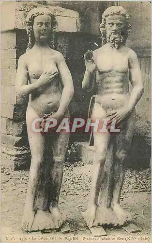 Ansichtskarte AK La Cathedrale de Rouen Statues d'Adam et Eve (XIVe Siecle)