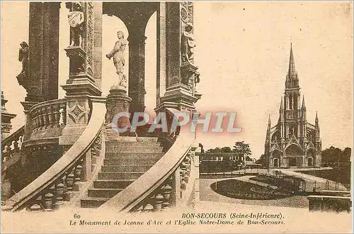 Ansichtskarte AK Bon Secours (Seine Inferieure) Le Monument de Jeanne d'Arc et l'Eglise Notre Dame de Bon Secours