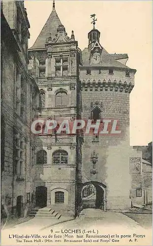 Cartes postales Loches (I et L) L'Hotel de Ville vu de face (Mon hist Renaissance) et la porte Picoys