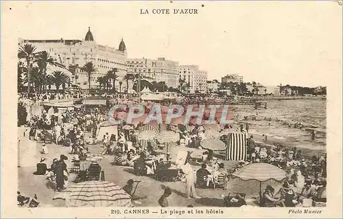 Cartes postales La cote d azur 210 cannes la plage et les hotels