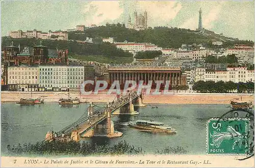 Cartes postales Lyon le palais de justice et le coteau de fourviere la tour et le restaurant gay