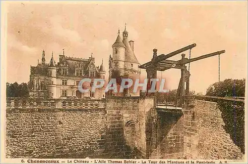 Cartes postales Chenonceaux le chateau l aile thomas bohier la tour des marques et le pont levis