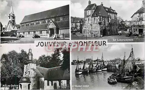 Moderne Karte Souvenir d'Honfleur L'eglise La lieutenance ND de Grace L'avant port Bateaux de pche