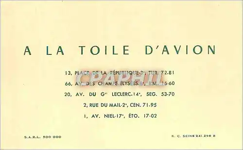 Carte de visite A La Toile d'Avion Place de la Republique 3e Av des Champs Elysees 8e