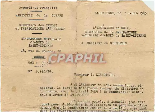 Lettre Dactylographiee De Gaulle St Etienne le 7 Avril 1945 L Ingenieur en Chef Directeur de la Manu