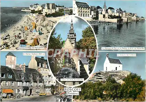 Cartes postales moderne Roscoff (Finistere) La plage de Roch Kroum Les maisons du port et le clocher de ND de Krooz Baz