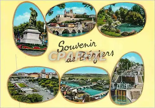 Cartes postales moderne Souvenir de Beziers (Herault) Statue Paul Riquet La Cathedrale et Vieux Pont sur l'Orb