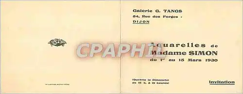Carton d'invitation Aquarelles de Madame Simon du Ier au 15 Mars 1930 Invitation Rue des Forges Dijo
