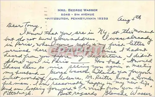 Carte  Pittsburgh Pennsylvania Mrs George Wasser 5th Avenue