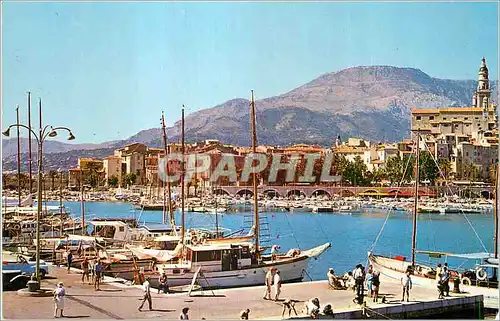 Moderne Karte La Cote d'Azur Menton Le port et vue sur la ville Bateaux