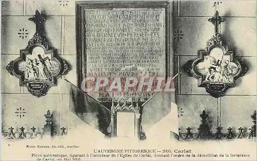 Cartes postales L'Auvergne Pittoresque Carlat Piece authentique figurant a l'interieur de l'Eglise de Carlat don