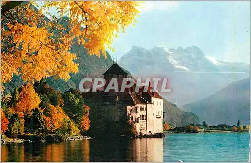 Moderne Karte Lac Leman Chateau de Chillon et la Dent du Midi