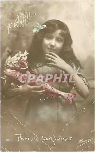 Cartes postales 1er Avril Avec un Doux Baiser Enfant Poisson
