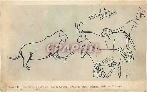 Cartes postales Les Eyzies Grotte de Font de Gaume Gravures Prehistoriques Felin et Cheveaux