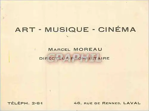 Carte de visite Art Musique Cinema Marcel Moreau Direction Profitaire Rue de Rennes laval