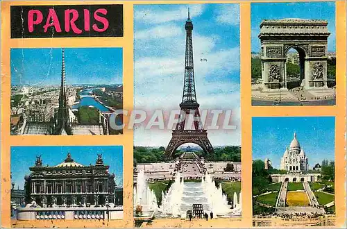 Moderne Karte Paris La Seine vue des toits de Notre Dame L'Opera La Tour Eiffel L'Arc de Triomphe de l'Etoile