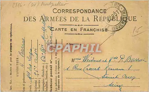 Carte de Franchise Militaire Weidner Saint Ouen  Montpellier