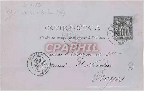 Entier Postal Sage 10c La Fleche 1882 pour Troyes